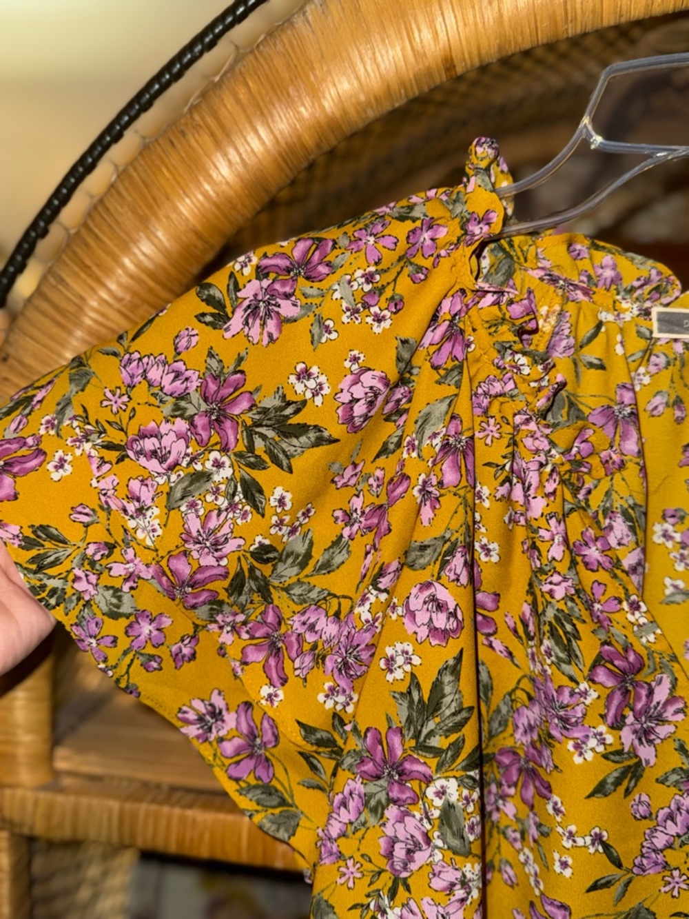 Pleione Mustard Floral V-Neck Ruffle Sleeve Top - Picture 3 of 5